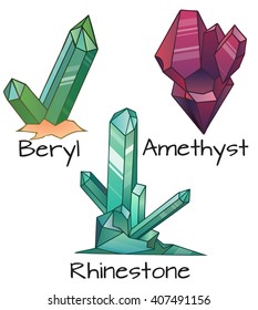 Set of different colored cartoon crystals. Vector elements for your creativity