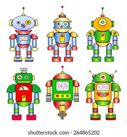 Set of different colored cartoon robots.