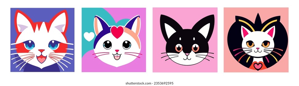 Set different colored cats with different faces, each with different colors and shapes, all with different eyes, flat colors, vector art, pop surrealism. Cartoon avatar.