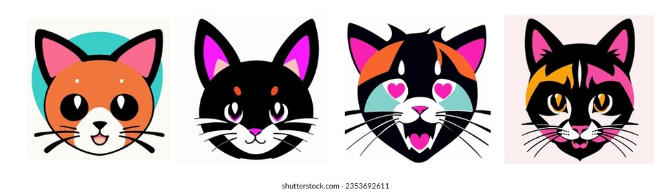 Set different colored cats are shown in this picture, triadic color scheme, vector art, synchromism. Cartoon avatar.