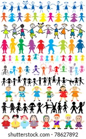 Set of different and colored children silhouettes