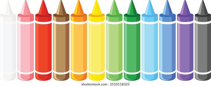 A set of different colored of crayon on white background. Back to school. Isolate vector illustration.
