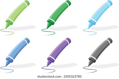 Eine Reihe von verschiedenen farbigen Buntstiften auf weißem Hintergrund. Zurück zur Schule. Vektorgrafik isolieren.