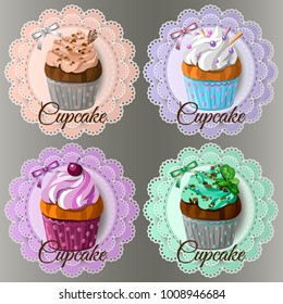 Set of different colored cupcakes on lace napkin background. Vector illustration.