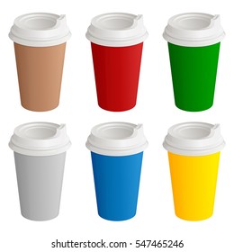 set of different colored disposable cardboard glasses with plastic covers for coffee or tea, on a white background
