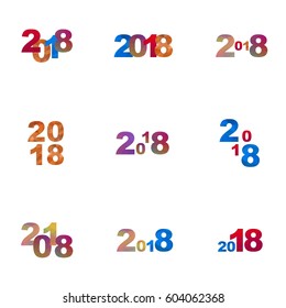 Set of different colored figures composed of small triangles. Kit numbers years 2018 of various colors, shapes and sizes of geometric elements on a white background 