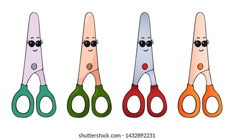 Set of different colored (flat and gradient) hand drawn kawaii scissors. Isolated vector illustration in doodle or cartoon style