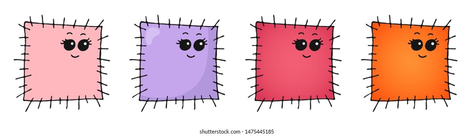 Set of different colored (flat and gradient) hand drawn cute smiling kawaii textile patches. Colored isolated vector illustration in doodle or cartoon style on white background