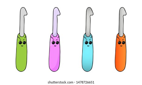 Set of different colored (flat and gradient) hand drawn kawaii crochet hooks. Isolated vector illustration in doodle or cartoon style