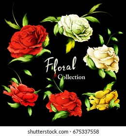 Set of different colored flowers. Roses. Hand drawn illustration, vector - stock.
