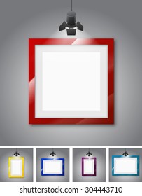 Set of different colored frames gallery room gray wall interior illuminated with spotlights. Realistic 3d vector illustration