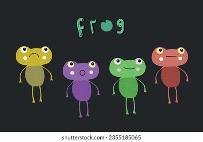 A set of different colored frogs expressing different emotions - surprise, joy, sadness, neutral state. Cool vector illustration. Frog is a character for web design, emoji, logo, book, interior...