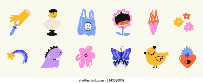 Set of different colored funny icons. Bright positive stickers. Hand drawn Abstract funny cute characters. Vector illustrations. Cartoon style. All elements are isolated.