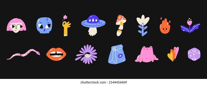 Set of different colored funny icons. Bright positive stickers. Hand drawn Abstract funny cute characters. Vector illustrations. Cartoon style. All elements are isolated.