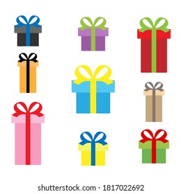 Set of different colored gifts for new year and Christmas. Boxes with tape of different sizes and heights. Vector stock illustration.