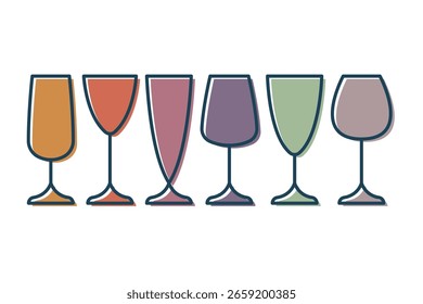 Set of different colored glasses. Outline linear silhouette. Editable strokes. Front side view. Vector simple flat graphic illustration. Texture.