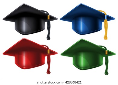 Set of different colored Graduation caps with black and gold tassel. Isolated on white background. Graduation concept. Graduation icon. Vector illustration.