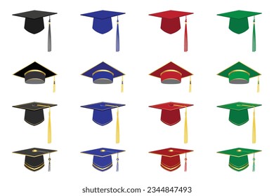 Set of different colored Graduation hat illustration. 