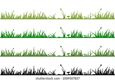 Set of different colored grass silhouettes with stones, mushrooms and plants 