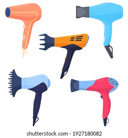 A set of different colored hair dryers, with different attachments, hair care. Colorful vector illustration in flat cartoon style.