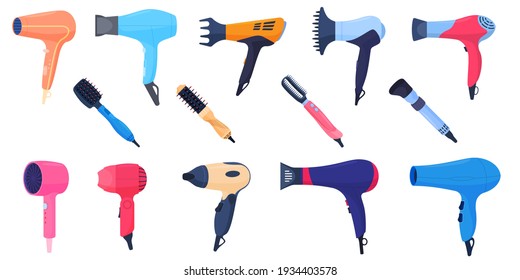 A set of different colored hair dryers, with different attachments, hair care. Colorful vector illustration in flat cartoon style.