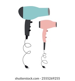 A set of different colored hair dryers with different attachments, hair care. Colorful vector illustration in flat cartoon style.