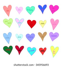 Set of different colored hearts with inscriptions. It can be used as stickers. Turquoise, green, red, yellow, purple, pink and blue colors.