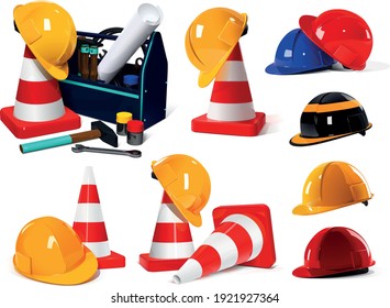 set of different colored helmets