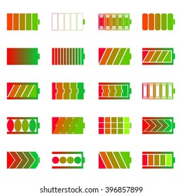 Set of different colored icons color batteries with charge indicator in a row side by side and one below the other on a white background
