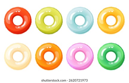 Set of different colored inflatable swimming rings. Bright lifebuoy, inflatable float toy. Summer accessory for swimming on the beach, in the pool. Vector cartoon illustration.