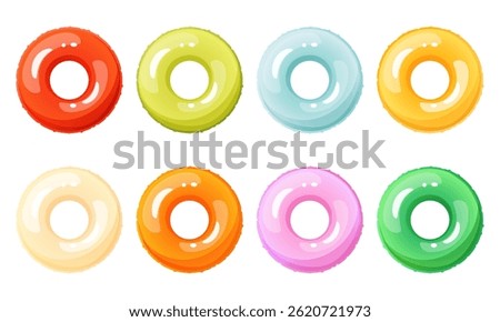 Set of different colored inflatable swimming rings. Bright lifebuoy, inflatable float toy. Summer accessory for swimming on the beach, in the pool. Vector cartoon illustration.