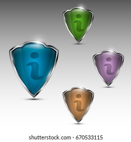 Set of different colored i for information shield shaped signs. Vector illustration.