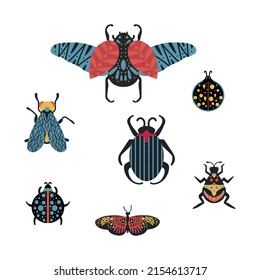 Un conjunto de insectos de diferentes colores. Ilustración de escarabajos, moscas, mariposas brillantes abstractos. Tipos de insectos con alas, patas. Ilustración del vector