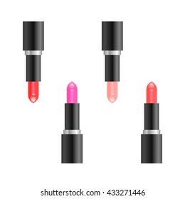 Set of different colored lipstick on a white background. Pink red and beige lipstick.