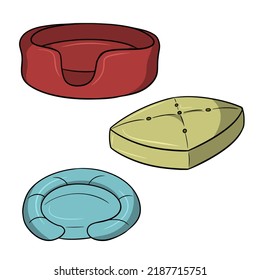 A set of different colored litter for dogs and cats, a comfortable soft chaise longue, a vector illustration in cartoon style on a white background