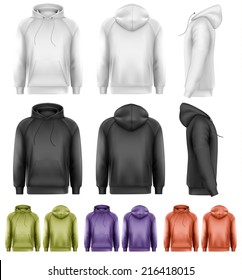 Set of different colored male hoodies. Vector. 