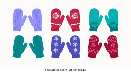 Conjunto de manoplas de diferentes colores. Guantes de punto con un patrón de copos de nieve. Acogedor accesorio de invierno cálido. Ilustración vectorial dibujada a mano aislada sobre fondo blanco. Estilo plano de la historieta.