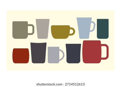 A set of different colored mugs. Colored silhouette. Front and side view. Vector simple flat graphic illustration. Isolated object on a white background.