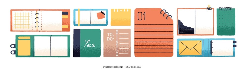 Set of different colored notebooks. Various open paper notepads top view. Planners, organizer, personal diaries with empty, blank pages for notes. Flat isolated vector illustration on white background