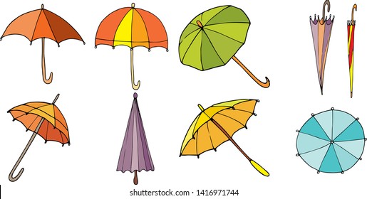 set of different colored open and closed umbrellas on a white background. vector doodle elements for poster design, applications