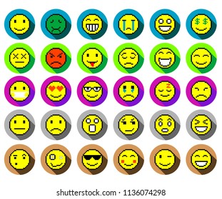 Set of different colored pixel art emoticons with shadows.