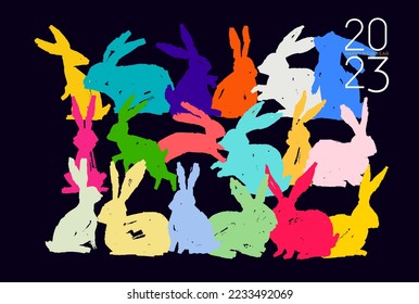 Set of different colored rabbits silhouettes, for design use. Collection of brush strokes silhouettes of New Years bunnies as decorative elements. 2023 year of the rabbit. Christmas vector.