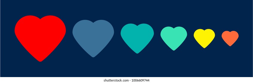 The set of different colored in a rainbow colors shape of hearts in a  different size. Vector design. Free love poster. Saint Valentine day greeting objects. 