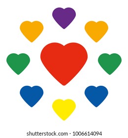 The set of different colored in a rainbow colors shape of hearts in a  different size. Vector design. Free love poster. Saint Valentine day greeting objects. 