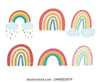 Set of different colored rainbows with clouds and rain vector illustration isolated on white background