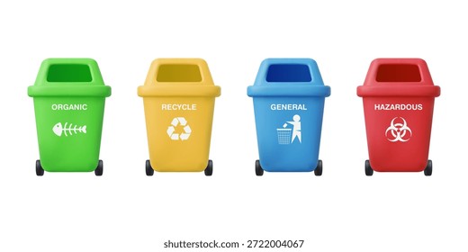 Conjunto de reciclaje de diferentes colores, estilo minimalista 3D. Concepto De Clasificación De Residuos Y Medio Ambiente Limpio, Ilustración vectorial