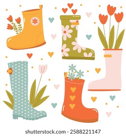 Set with different colored rubber boots and flowers on the theme of spring