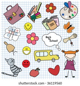 Set of different colored school objects with girl. For boy set please visit my portfolio.