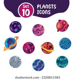 Set of different colored sci fi planet icons Vector illustration