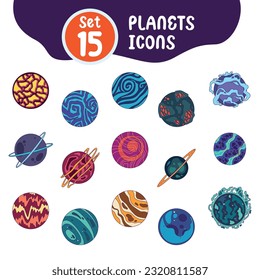 Set of different colored sci fi planet icons Vector illustration